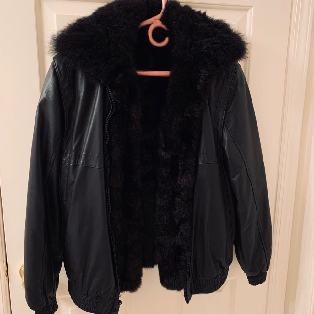 Vintage Black Lambskin & Fur Bomber Jacket